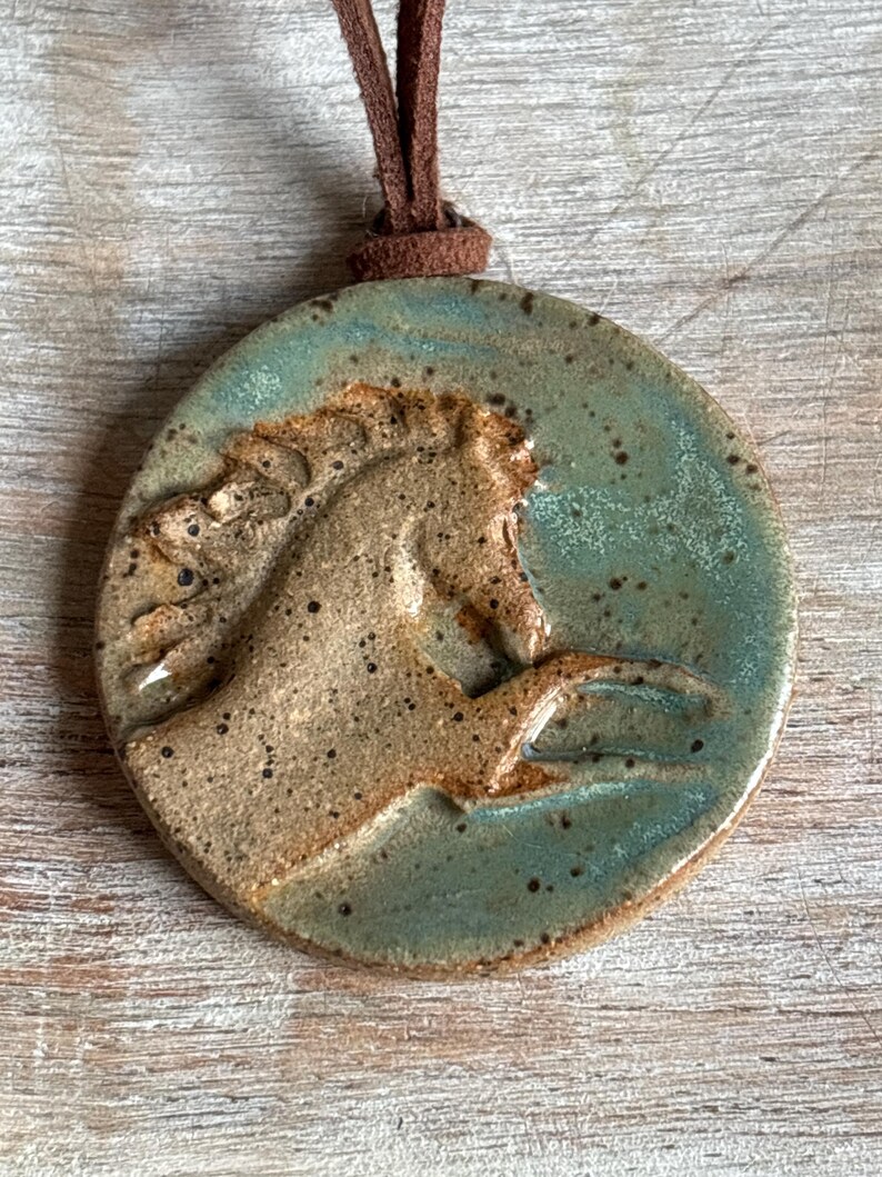 Handmade Ceramic Horse Pendant Necklace: Adjustable Suede Cord, Horse lover gift Palomino Horse