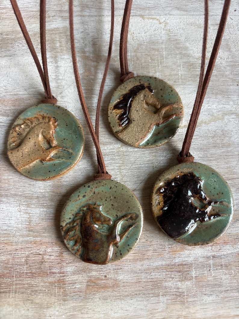 Handmade Ceramic Horse Pendant Necklace: Adjustable Suede Cord, Horse lover gift image 1