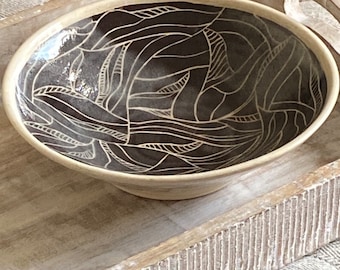 Handmade Stoneware Serving Bowl: Brown Hand Carved Ceramic
