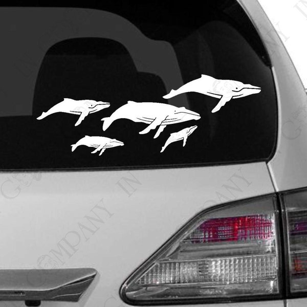 Personalized Humpback Whale Family Decal for your Car - Assembled as shown: 16" Wide X 6.3" High - BONUS DECALS - 6 bows in various colors