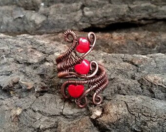 Copper Ring, Wire wrapped ring, 3 red porcelain hearts, ring adjustable, valentines gifts idea for her