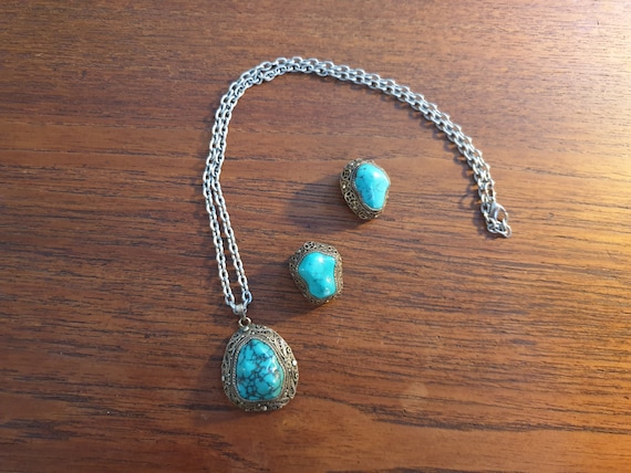 turquoise jewelry set, silver, 925s, vintage, 60s,