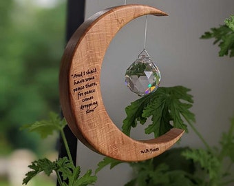 Suncatcher Irish Beech Yeats Quote (Medium) Crystal Wood Moon with Angel / Fairy, Asfour or Swarovski Sun Prism, Rainbow Maker