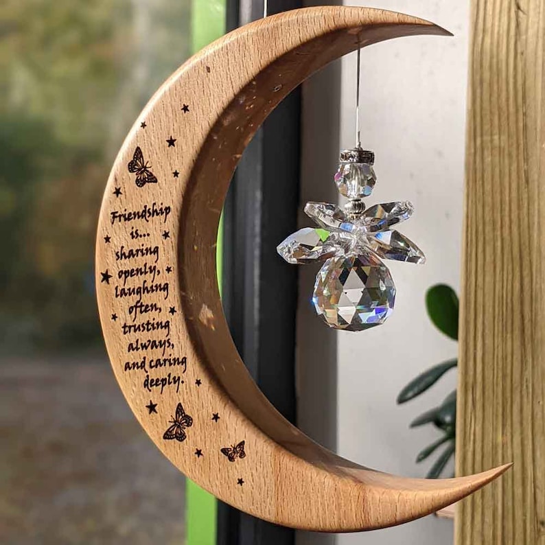 Friendship gift Irish moon suncatcher wooden personalised gift rainbowmaker angel crystal image 2
