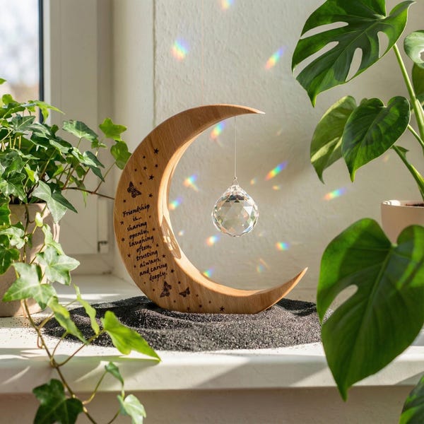 Friendship gift - Irish moon suncatcher - wooden personalised gift - rainbowmaker - angel crystal