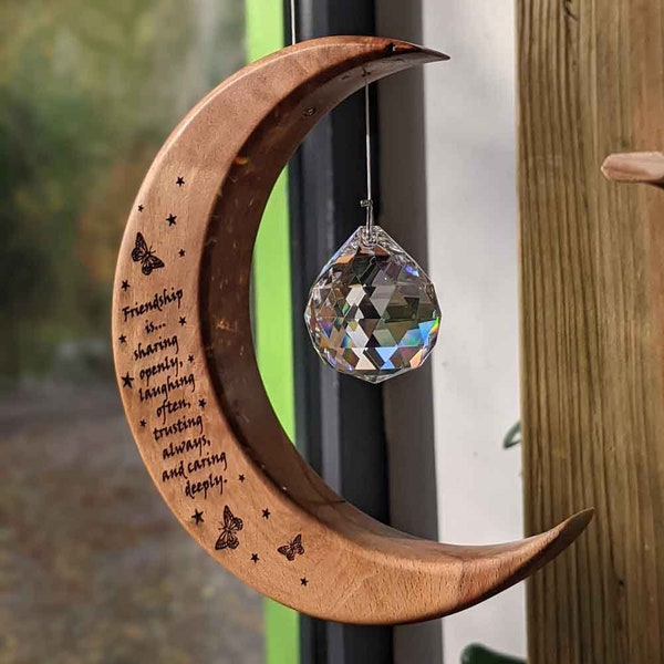Friendship gift - Irish moon suncatcher - wooden personalised gift - rainbowmaker - angel crystal