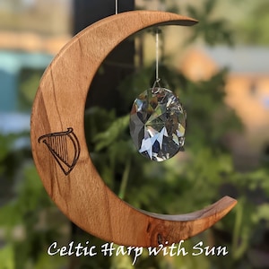 Celtic inspired home decoration - Irish gift - wooden suncatcher - shamrock harp spiral cross - crystal