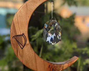 Celtic inspired home decoration - Irish gift - wooden suncatcher - shamrock harp spiral cross - crystal