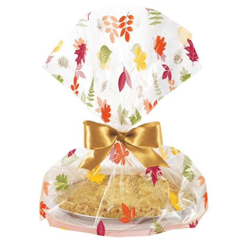 Set Of 3 Cellophane Autumn Leaves Pie Gift Bag Kits Complete With Beautiful Gold Satin Ribbon Perfect For Gifting Your Holiday Sweets!