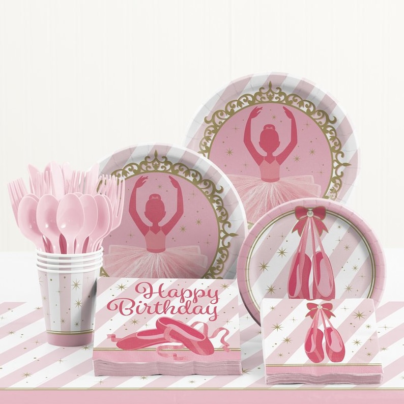 Service For 16!! 141 Pc Beautiful Pink /& Gold Ballet Dancer Birthday Tableware Celebration Set With Table Cover And Balloons!