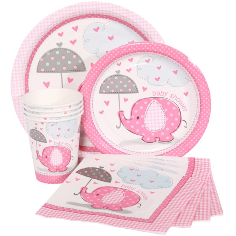 Baby Girl Shower 40 Pc Set Patchwork Pink Elephant Baby Shower Disposable Tableware Service For 8!