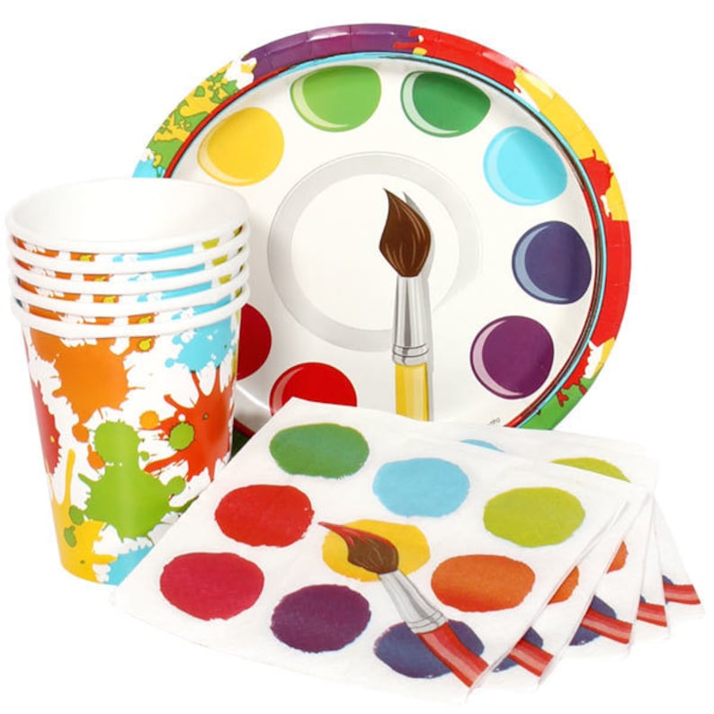 Includes Table Cover /& Balloons Colorful Art Painting Party Theme Tableware Service For 8!