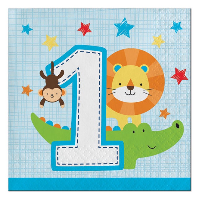 16 Ct Set Boys Blue Zoo Theme 1st Birthday Disposable Paper Napkins