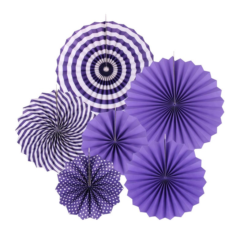 Set Of 6 Fabulous Purple Paper Fan Hanging Decorations in 3 Sizes! Fun Colorful Party Decor!