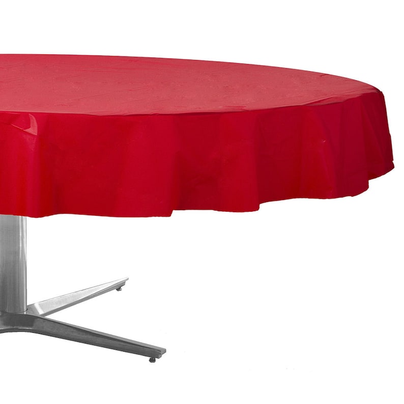 Tablecloth Now Available In Bulk! 3 Pack Strong Reusable Medium Weight Red 84 Inch Round Plastic Table Covers