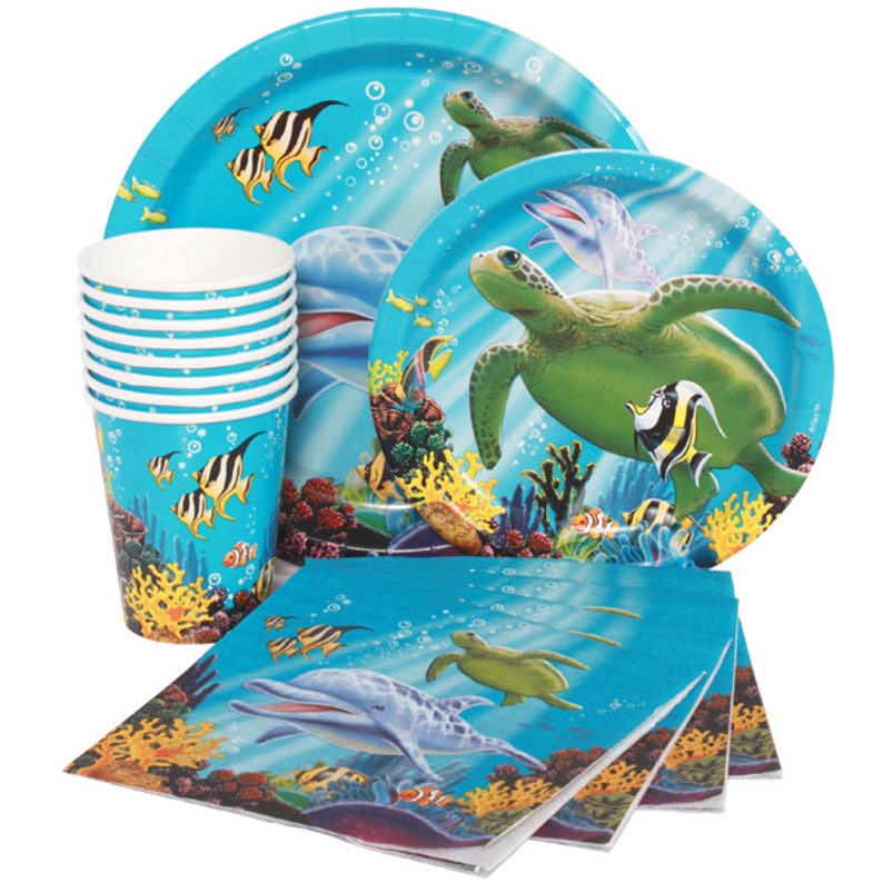 Dinner Plates Ocean Buddies Dolphin Party Tableware Set Napkins /& Balloons! Service For 16 Dessert Plates Cups