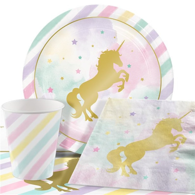 Golden Metallic Pastel Unicorn Birthday Party In A Box! Napkins Service For 16 Table Cover /& Balloons With Ribbon Cups Plates