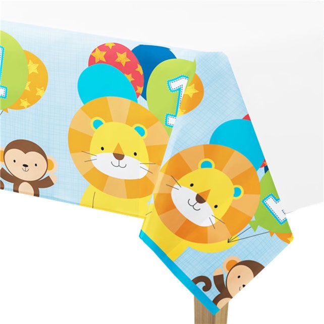 54 X 102 Inch Boys Blue Zoo Theme 1st Birthday Disposable Table