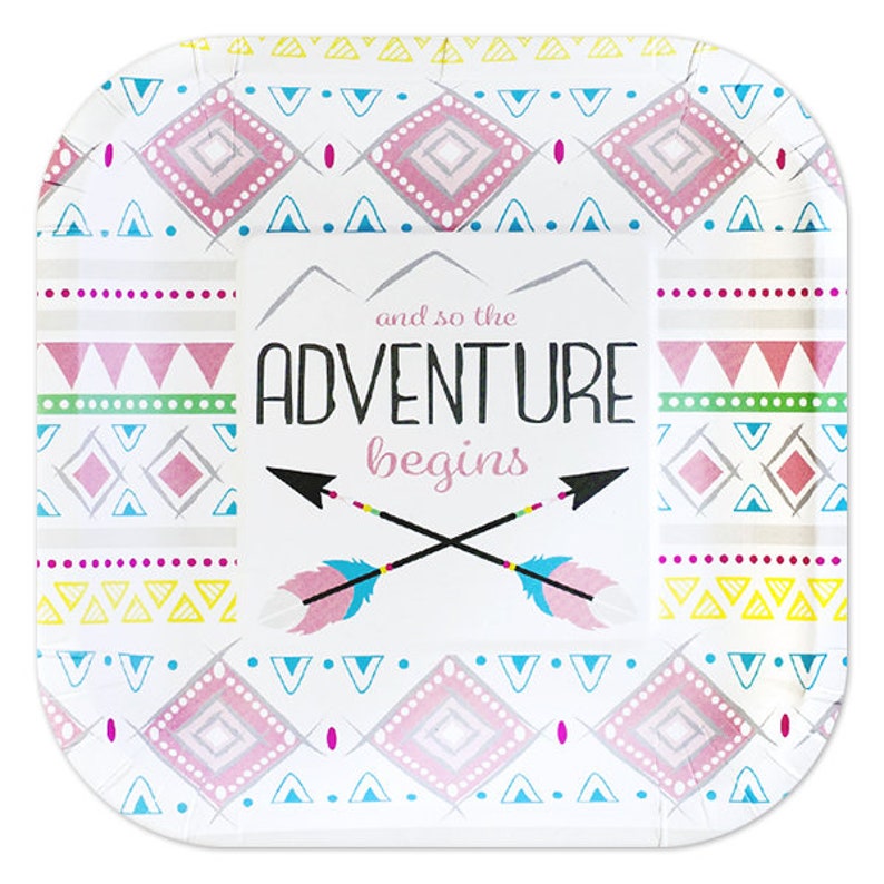Service For 24 Adventure Begins Girl Pink Boho Tribal Baby Shower Premium Tableware Celebration Set With Balloon Bouquet
