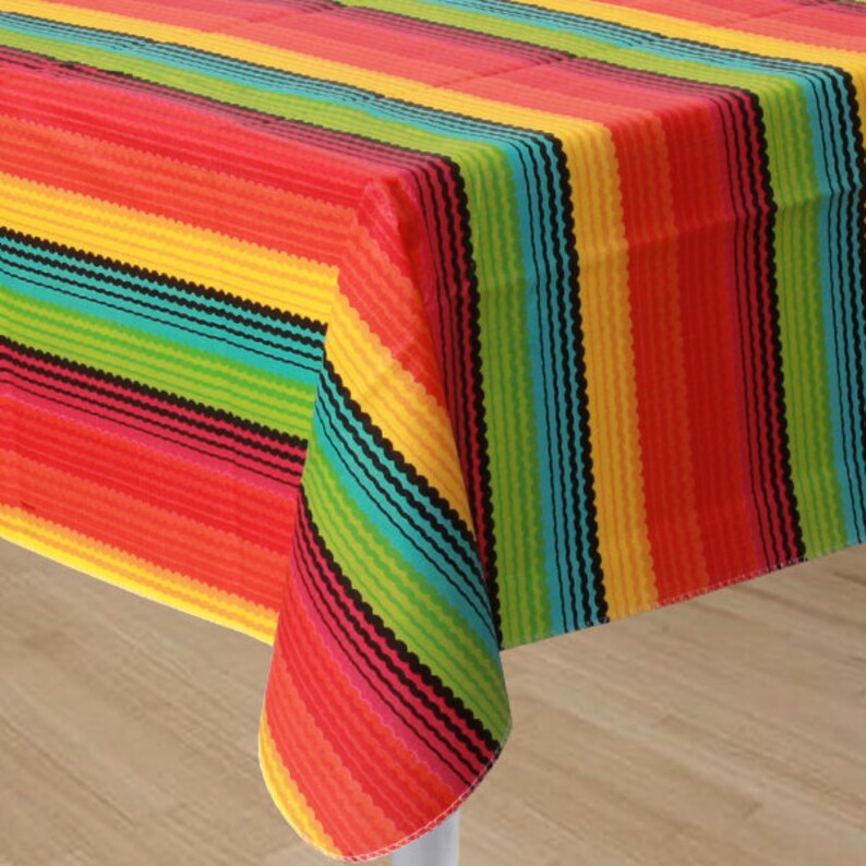 Cinco De Mayo Colorful Fiesta Stripe Tablecloth 52 x 90 inch Vinyl Flannel Backed Reusable Fiesta Table Cover Summer Party Fun!