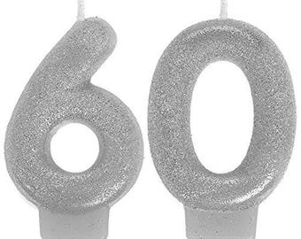 Glistening Silver Glitter 60th Birthday Candle Set - 60th Birthday Or Anniversary Celebration Cake Topper - Candles