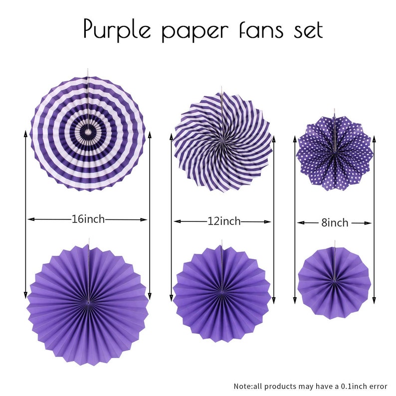 Set Of 6 Fabulous Purple Paper Fan Hanging Decorations in 3 Sizes! Fun Colorful Party Decor!