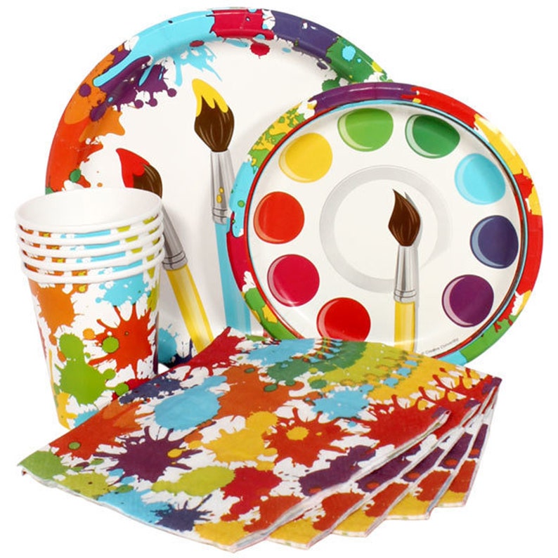 Includes Table Cover /& Balloons! Colorful Art Painting Birthday Party Theme Tableware Set Service For 16
