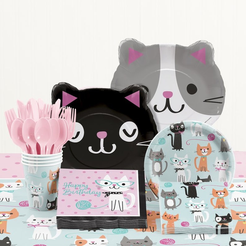 141 Pc Purrfectly Kitty Cat Birthday Tableware Celebration Set With Matching Table Cover /& Balloons! Service For 16!!