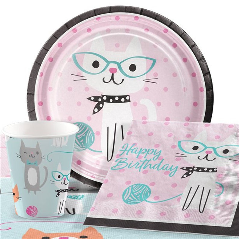 Cups /& Napkins! Adorable Purrfectly Kitty Cat Party Theme Birthday Celebration Set Service For 16!! Includes Plates