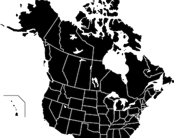 May include: A black and white map of North America, showing the borders of the United States and Canada. The map includes the states of the United States and the provinces of Canada.