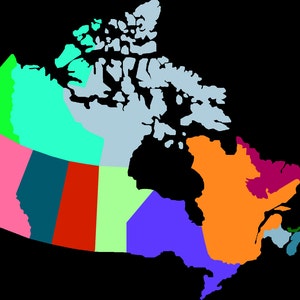 Könnte beinhalten: Eine Karte von Kanada, die in 10 Regionen unterteilt ist, die jeweils unterschiedlich gefärbt sind. Die Regionen sind in Hellblau, Grün, Rosa, Dunkelblau, Rot, Hellgrün, Lila, Orange, Dunkelviolett und Hellblau gefärbt.