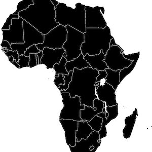 Könnte beinhalten: Eine Schwarzweißkarte von Afrika, die die Grenzen aller Länder zeigt.