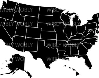 May include: A black and white map of the United States showing the borders of each state.
