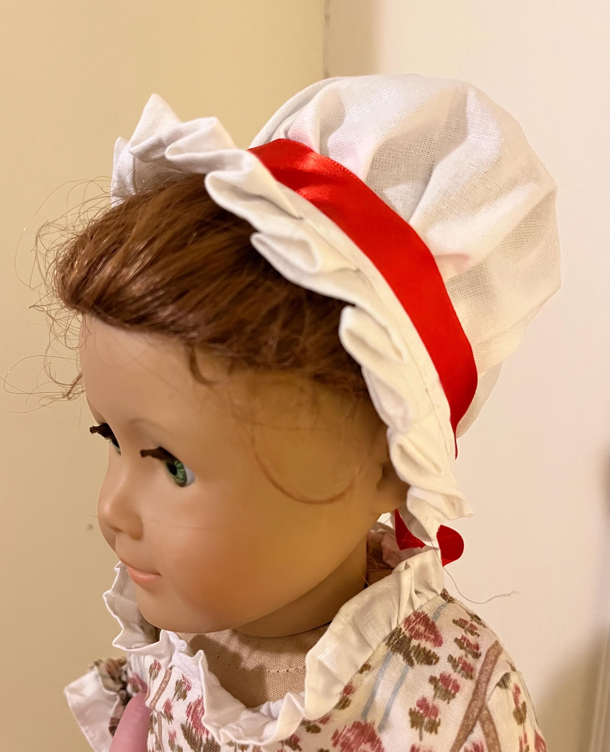 Colonial Doll Bonnet for 18" American Girl Dolls like Felicity - Handcrafted White House Cap for 18 in Dolls  cotton day cap with ribbon