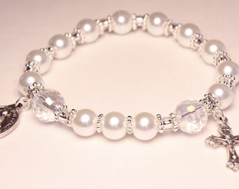 ROSARY BRACELET- White Pearl with Clear Crystal OR White Pearl with Multicolored Pave Crystal One Decade Rosary Bracelet