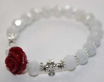 ROSARY BRACELET- Silver Crosses and Rose Bracelet with White Crystal Beads! Communion/Confirmation/Baptism Gift