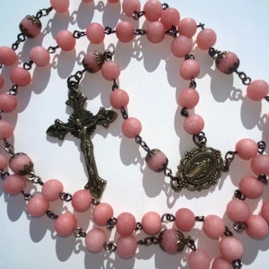 Pink Jade Gemstone Rosary with Bronze Crucifix and Miraculous Medal