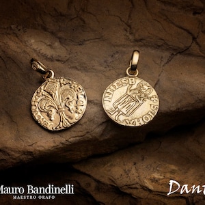 Pendant with Florin (Fiorino) 18kt yellow gold &quot;Dante&quot;, Pendant from Florence, Handmade Good Luck pendant