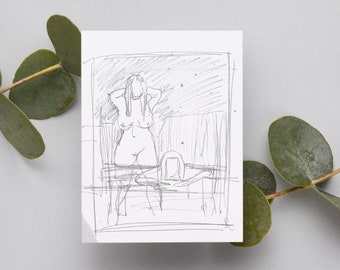 Girls in night swim pencil sketch miniatiure