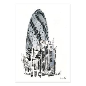 30 St Mary Axe, &#39;The Gherkin&#39; - A3 signed limited edition giclée print by James Oses