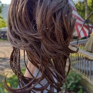 May include: A brown wig with multiple small braids and loose strands. The wig is styled in a bun with the braids cascading down. The background includes an American flag and a wooden fence.