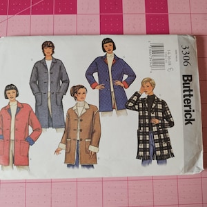 May include: A Butterick sewing pattern envelope featuring illustrations of various coat designs. The coats are in different colors and styles, including a red coat with blue cuffs, a blue quilted coat, and a black and white plaid coat. The pattern number is 3306.