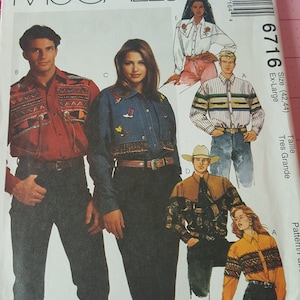 McCall&#39;s Pattern 6716 Unisex Western Shirts 5 Views Men&#39;s Women&#39;s Size XL 42&quot; 44&quot; Bust Chest UNCUT