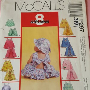 McCalls Pattern P297 aka 3191 Baby Sun Dresses Tops Bonnets Panties Sizes S M L XL New Born to 24 Pounds UNCUT