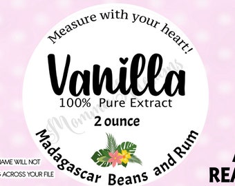 Peut inclure: Un fond rose avec un cercle blanc contenant le texte "Vanilla 100% Pure Extract 2 ounce Madagascar Beans and Rum". Le cercle est entouré du texte "Measure with your heart!" et d'une petite image d'une fleur tropicale. Le texte "Instant Digital Download" est dans le coin supérieur gauche de l'image. Le texte "1-1/2" round 20 per page 1 flavour per page" est dans le coin inférieur gauche de l'image. Le texte "ARE YOU READY TO GIFT OR SELL YOUR HOMEMADE EXTRACTS?" est dans le coin inférieur droit de l'image. Une bouteille en verre brun avec une étiquette qui dit "Vanilla" est dans le coin supérieur droit de l'image.