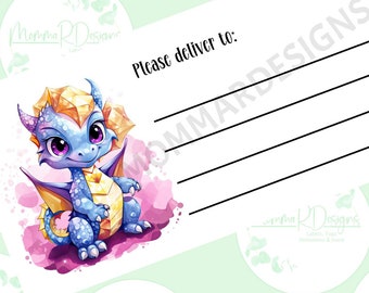 May include: A printable sheet of 10 labels featuring a cute blue and purple dragon illustration. The labels are 2 inches by 4 inches and say "Please deliver to: " with a space for writing an address. The text "My name will not be going through your labels" is also included.