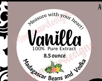 Peut inclure: Une étiquette ronde de couleur marron et blanche avec le texte "Homemade Extract Labels" et "Avery 22807 2" labels". L'étiquette comprend également le texte "Vanilla 100% Pure Extract 8.5 ounce Madagascar Beans and Vodka" avec un motif floral. L'étiquette est destinée à un bocal ou une bouteille ronde.