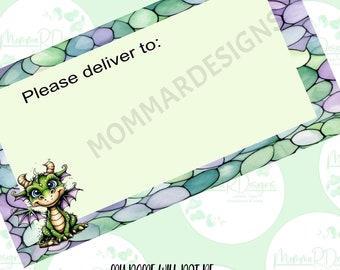 May include: Printable labels featuring a cute green dragon with a blue and purple mosaic background. The labels are 2 inches by 4 inches and come 10 per page. The text "Please deliver to: " is included on the label.