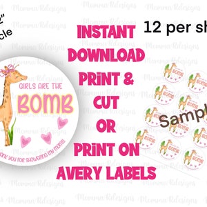 GIRLS  are the BOMB  bath bomb or cocoa bomg favor tags. Girl GIRAFFE favor tags, boys girl shower favor tags