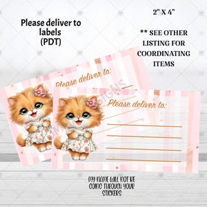 Könnte beinhalten: Rosa und weiß gestreifte Etiketten mit einer niedlichen Cartoon-Katzen-Illustration. Die Etiketten sind 5,08 cm x 10,16 cm groß und tragen den Text "Please deliver to:" und "My name will not be going through your stickers."